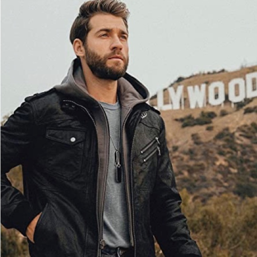 Flavor Men’s Leather Motorcycle Jacket-3XL-with Removable Hood